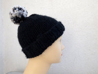 Knitted hat - black with a monochromatic pompom